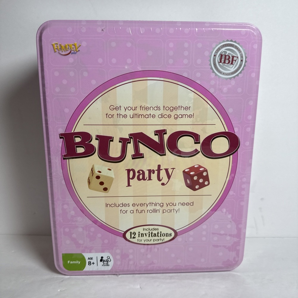 Bunco Party Edition Game 12 Invitations Bell Dice Score‎ Cards Tin Sealed NIP